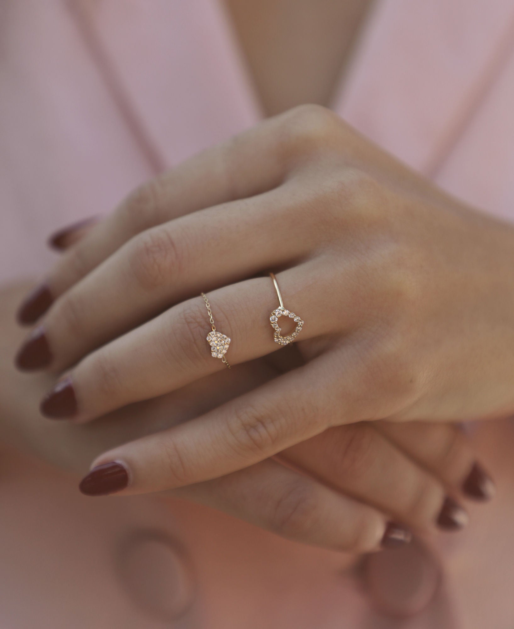 Heart Chain 18K Rose Gold Ring w. Diamonds