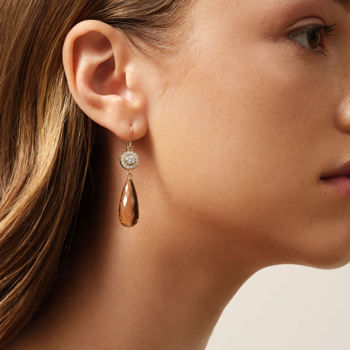 Heritage 18K Whitegold Earrings w. Diamond & Briolette Champagne Quartz