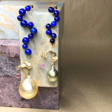 Fine Curves 18K Gold Earring w. Lapis, Sapphire & Pearl