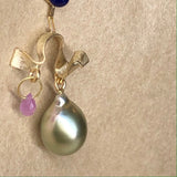 Fine Curves 18K Gold Earring w. Lapis, Sapphire & Pearl