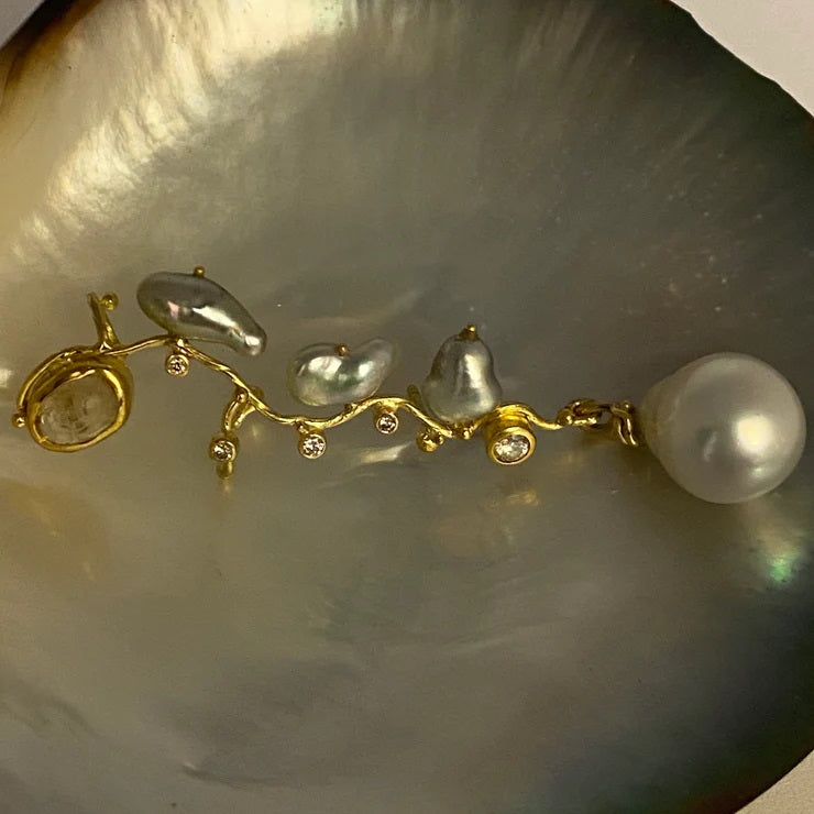 Filuka 18 & 22K Guld Ørering m. Diamanter og Perler