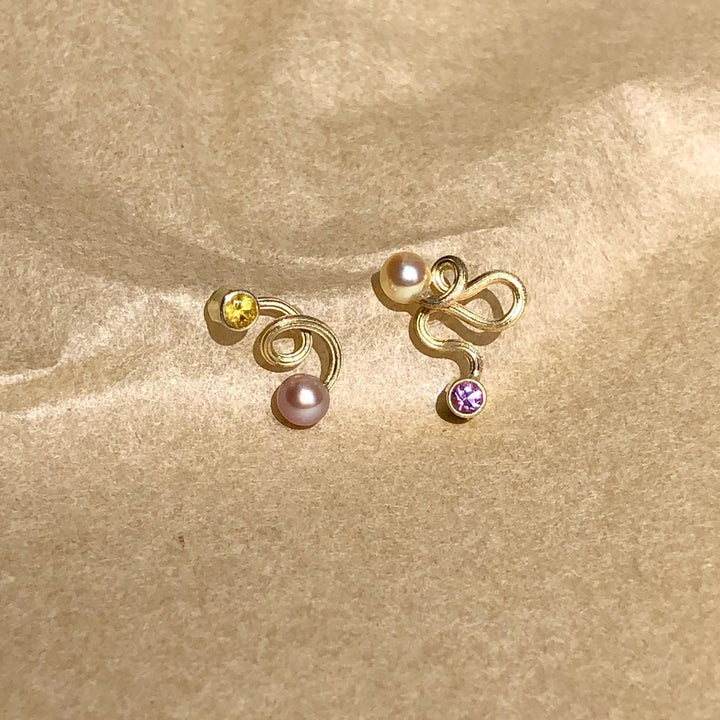 Joy Sticks 14K Gold Studs w. Pearls & Sapphire