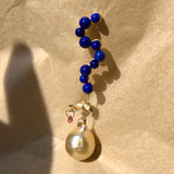 Fine Curves 18K Gold Earring w. blue Lapis, pink Sapphire & a golden Pearl