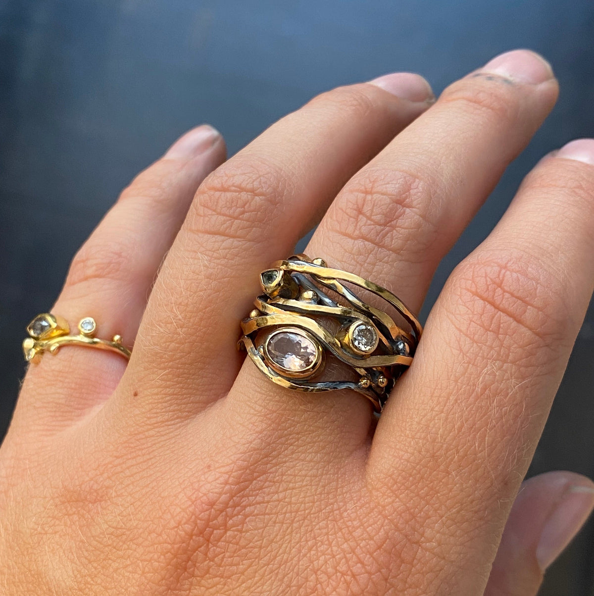 Twisted 18K, 22K & 24K Gold & Silver Ring w. Morganite, Sapphire & Diamond