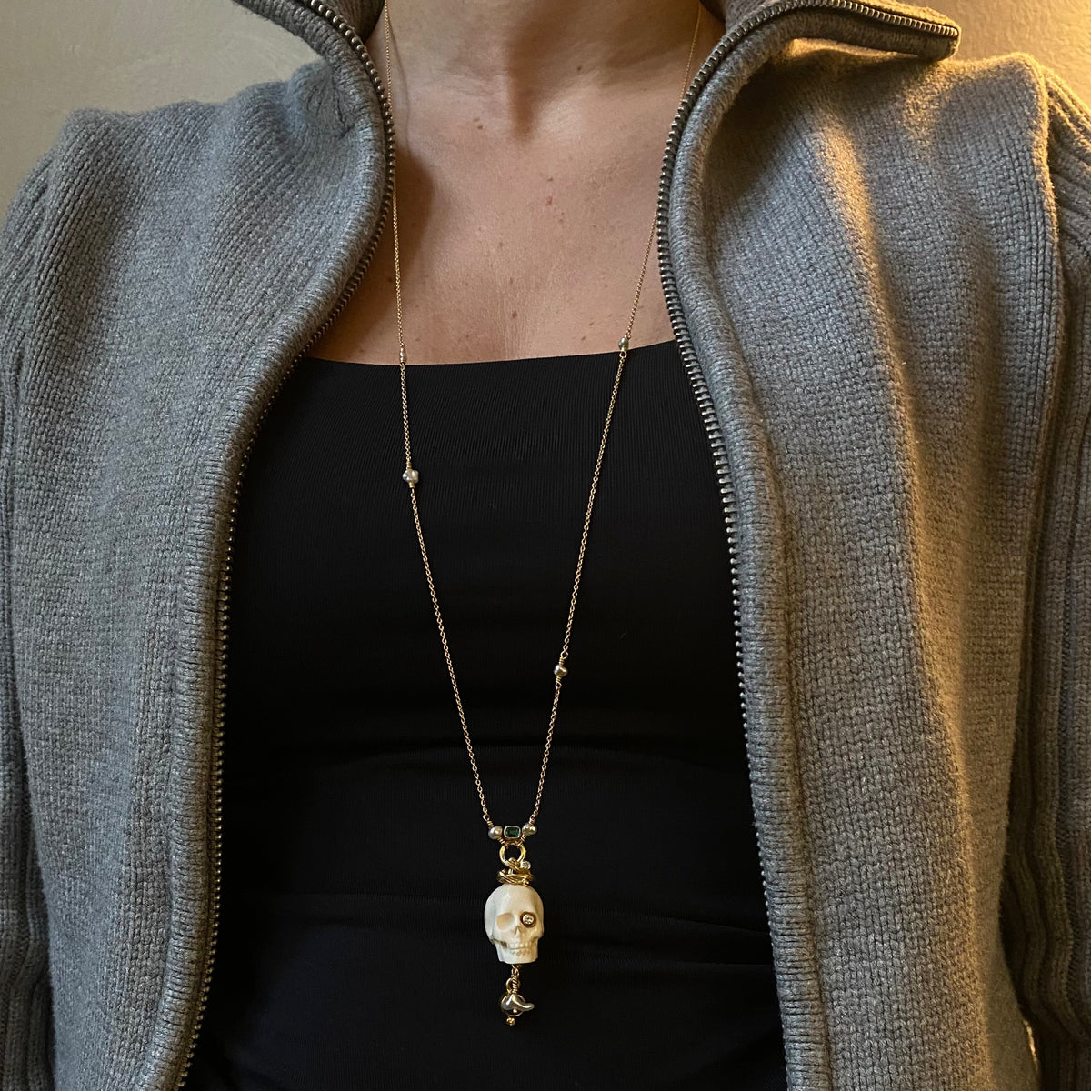 Memento Mori 18K & 22K Gold Necklace w. Emeralds & Sapphires