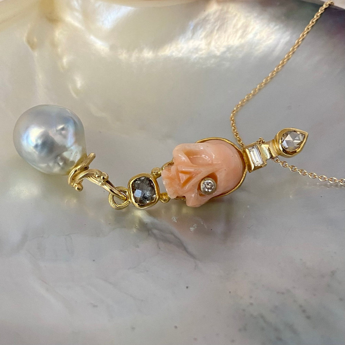 Memento Mori 18K & 22K Gold Necklace w. Pearls, Sapphire & Diamonds