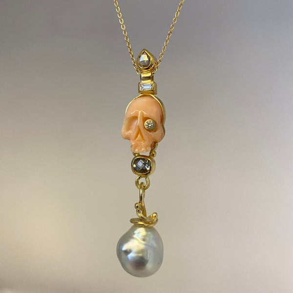 Memento Mori 18K & 22K Gold Necklace w. Pearls, Sapphire & Diamonds