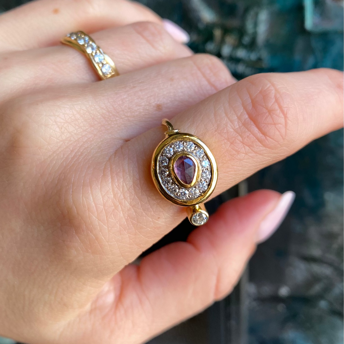 Pavé Cocktail 18K & 22K Gold Ring w. Sapphire & Diamonds