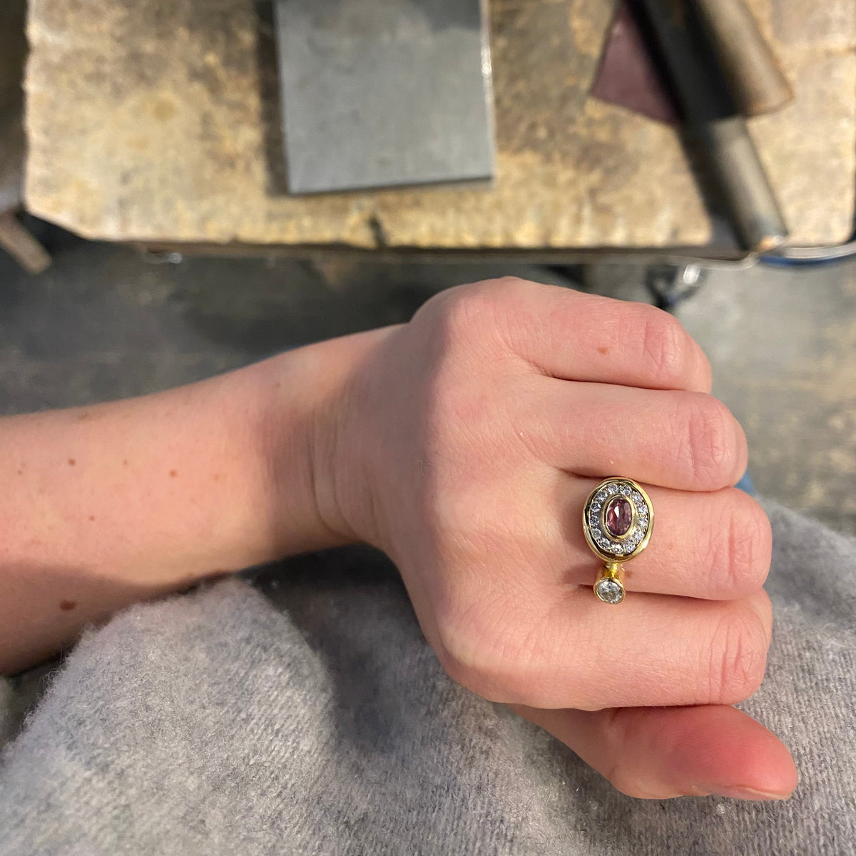 Pavé Cocktail 18K & 22K Gold Ring w. Diamonds & Sapphire