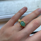 Cocktail 18K & 22K Gold Ring w. Emerald & Diamonds