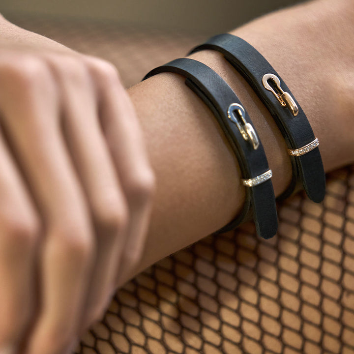 Revolution Black Leather 18K Gold Bracelet w. Diamonds