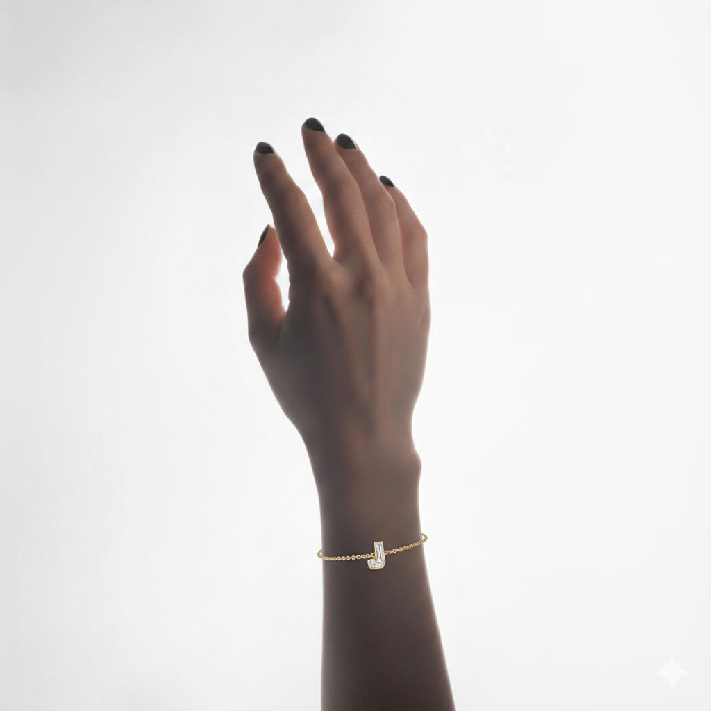Alphabet Initial J 18K Gold, Rosegold or Whitegold Bracelet w. Solitaire Lab-Grown Diamond