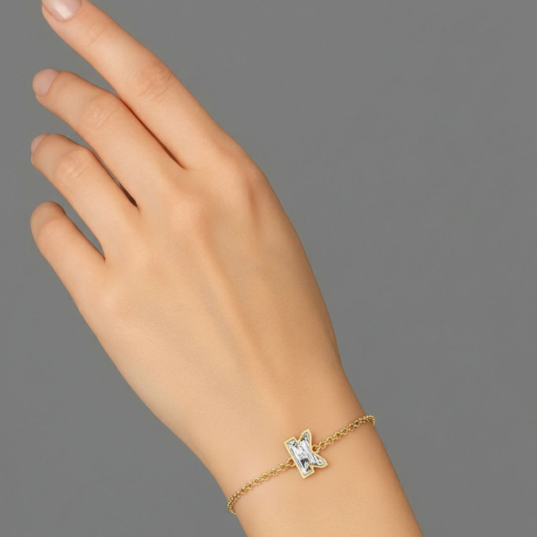 Alphabet Initial K 18K Gold, Rosegold or Whitegold Bracelet w. Solitaire Lab-Grown Diamond