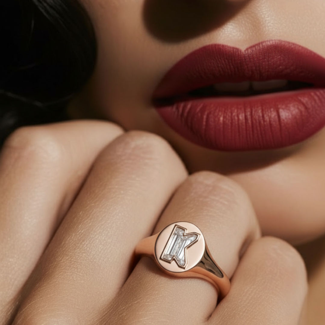 Alphabet 18K Rosegold Initial K Signet Ring w. Solitaire Lab-Grown Diamond