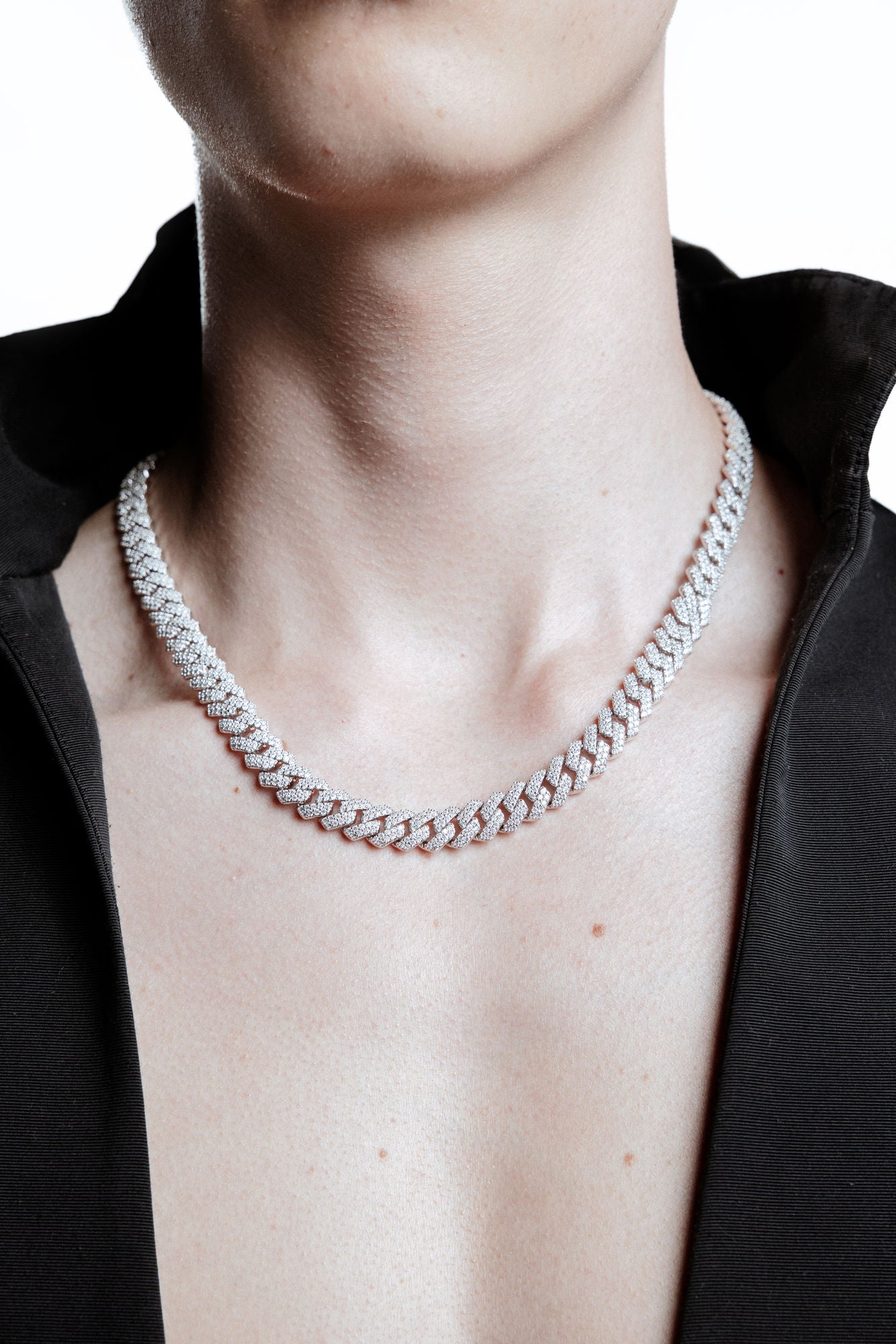 12mm Cuban Rhodium Plated Silver Necklace w. Moissanites