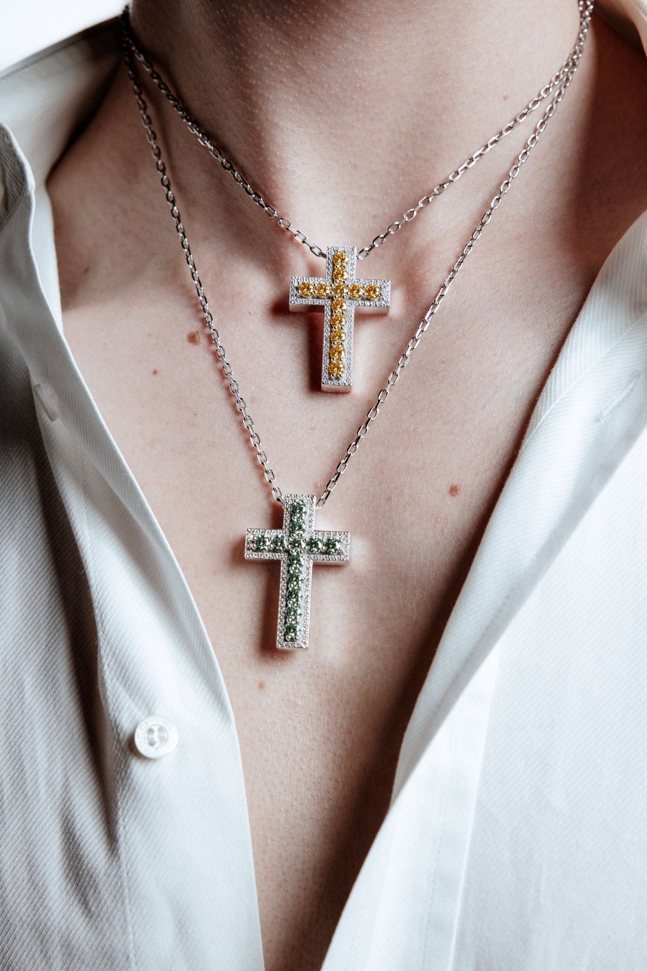 Yellow Cross Rhodium Plated Silver Pendant Necklace w. Moissanites