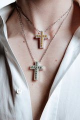 Yellow Cross Rhodium Plated Silver Pendant Necklace w. Moissanites