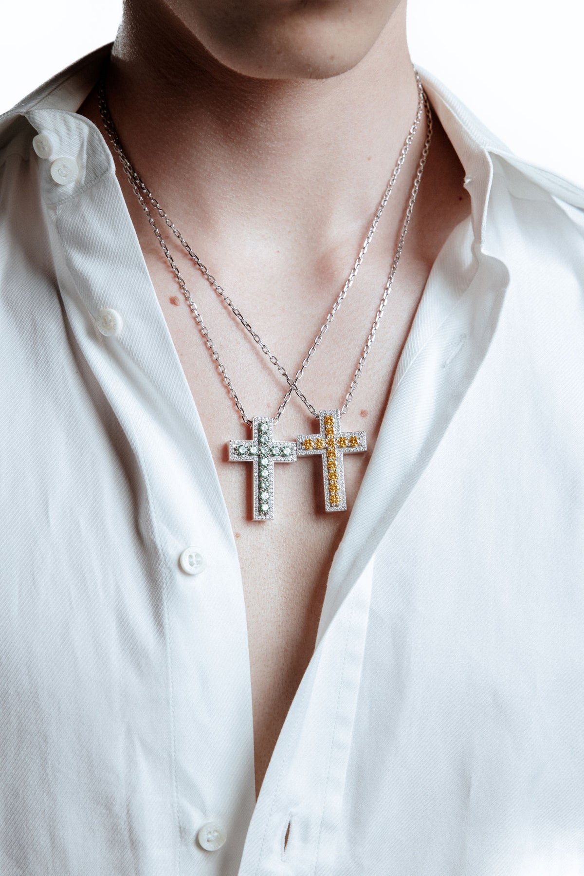 Yellow Cross Rhodium Plated Silver Pendant Necklace w. Moissanites