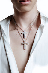 White Cross Rhodium Plated Silver Pendant Necklace w. Moissanites