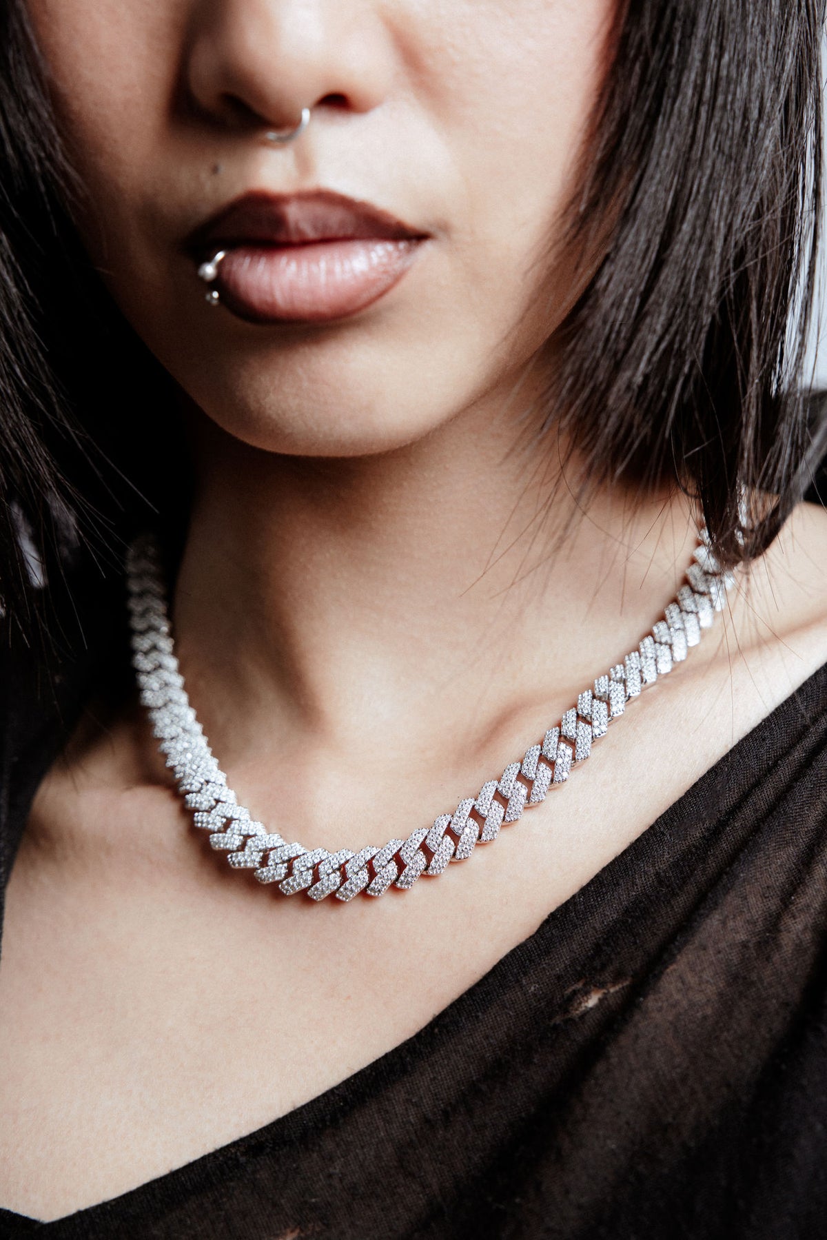12mm Cuban Rhodium Plated Silver Necklace w. Moissanites