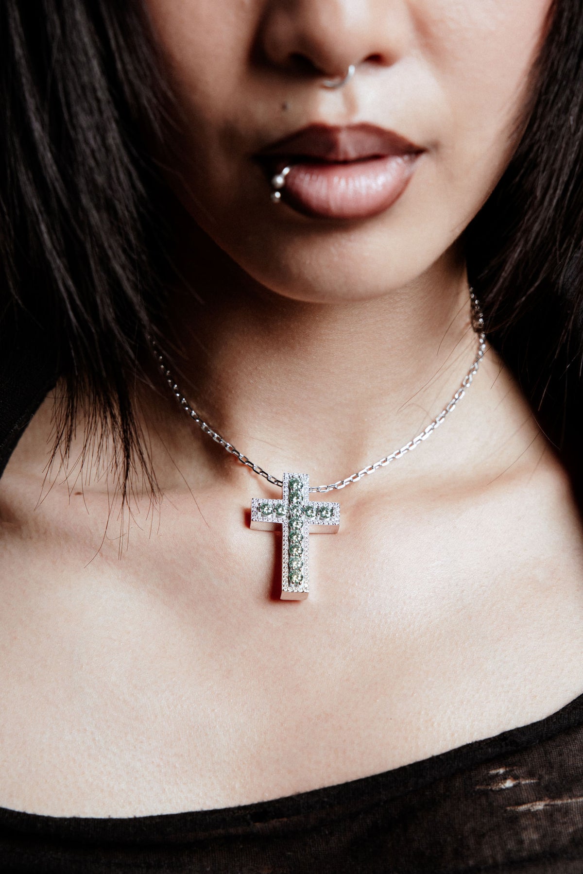 Aqua Green Cross Rhodium Plated Silver Pendant Necklace w. Moissanites
