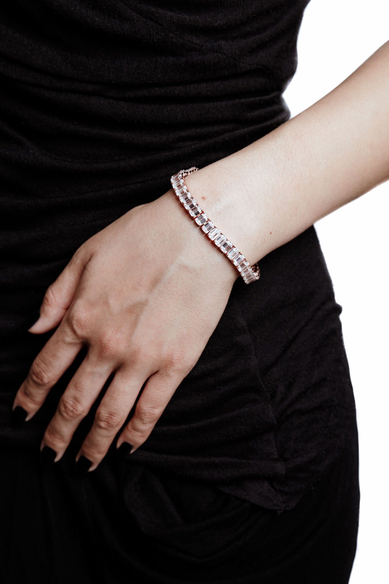 Rose Emerald Rosegold Plated Silver Tennis Bracelet w. Moissanites