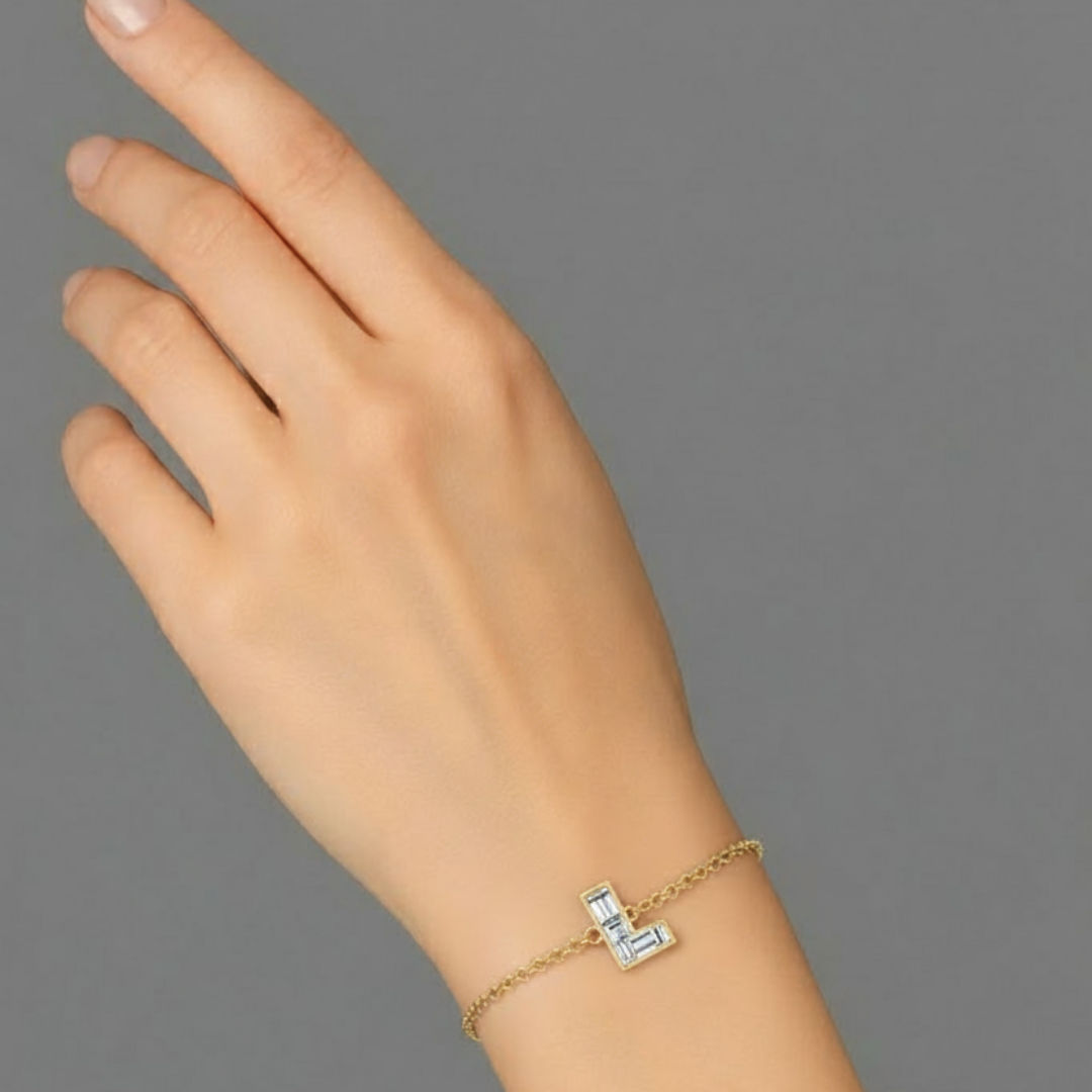 Alphabet Initial L 18K Gold, Rosegold or Whitegold Bracelet w. Solitaire Lab-Grown Diamond