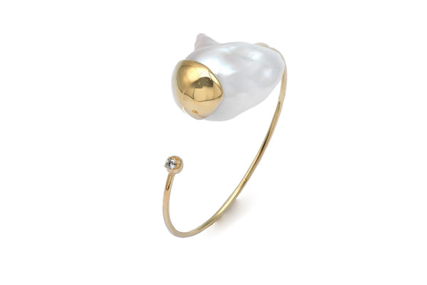 Large Fluid Pearl and Diamond Cuff 14K Gold Bracelet