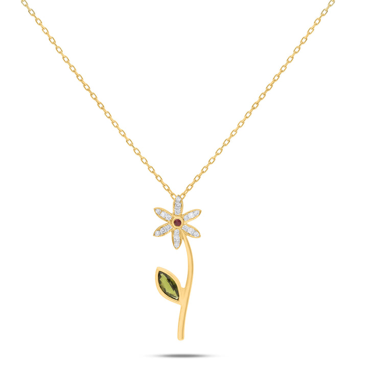 Lily Flower 18K Gold Necklace w. Ruby, Tourmaline & Diamonds