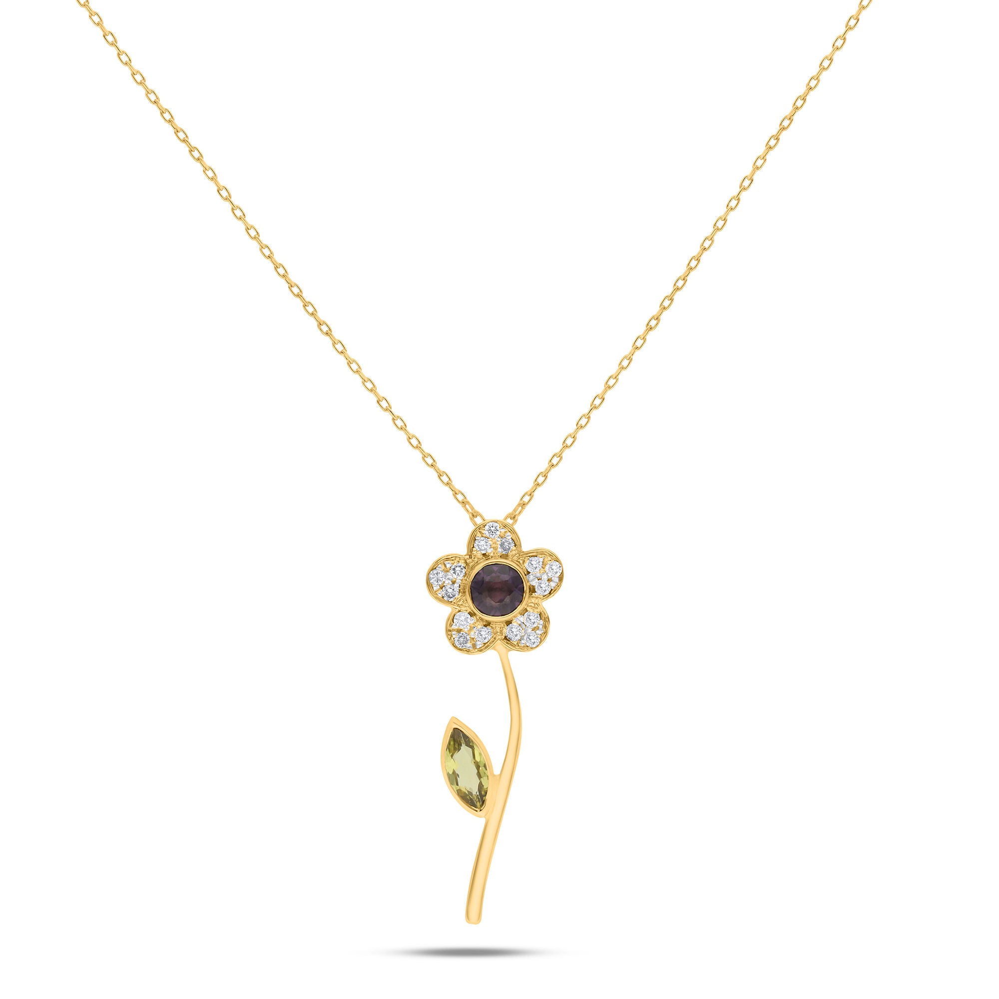 Marguerite Flower 18K Gold Necklace w. Purple Tourmaline & Diamonds