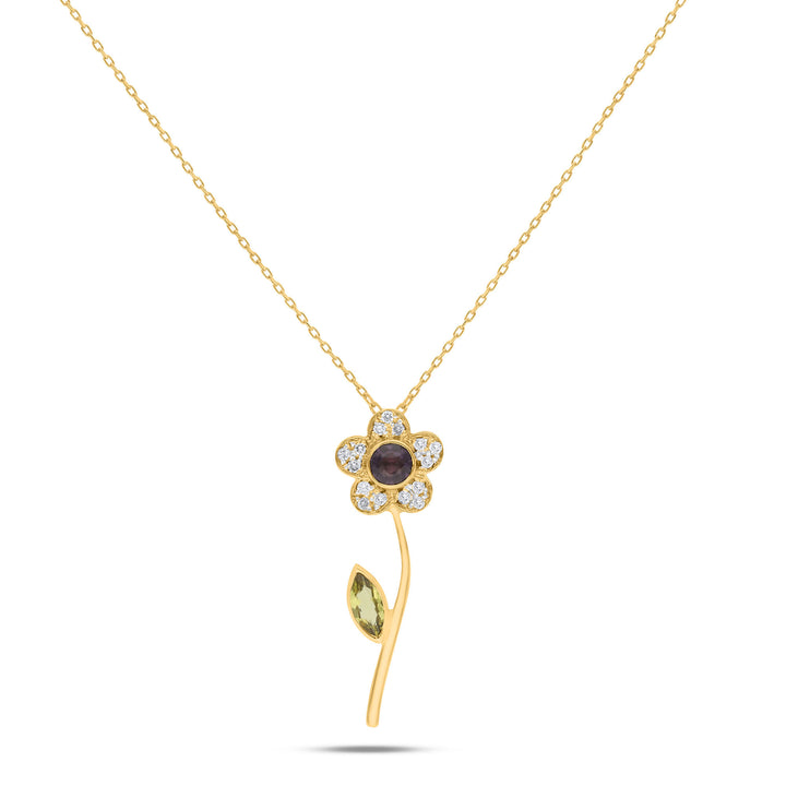 Marguerite Flower 18K Gold Necklace w. Purple Tourmaline & Diamonds