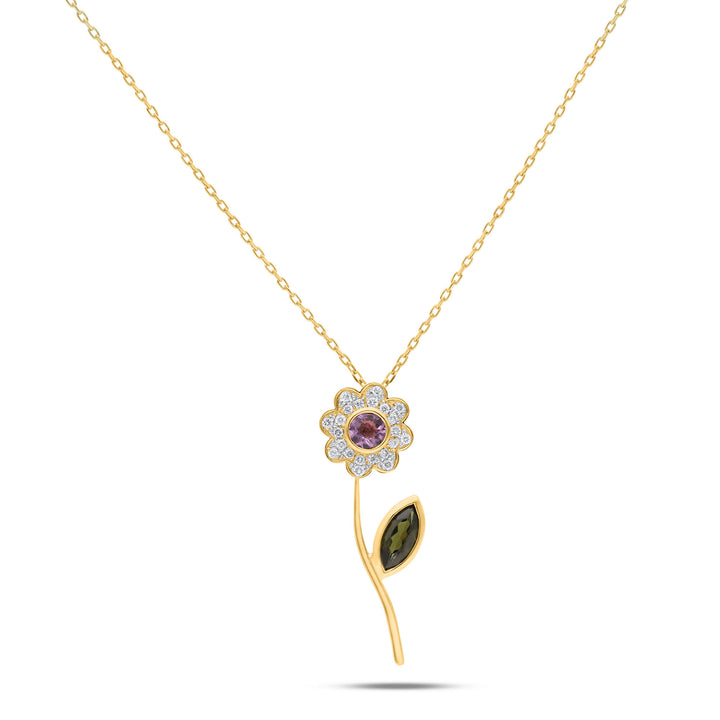 Daisy Flower 18K Gold Necklace w. Purple Tourmaline & Diamonds
