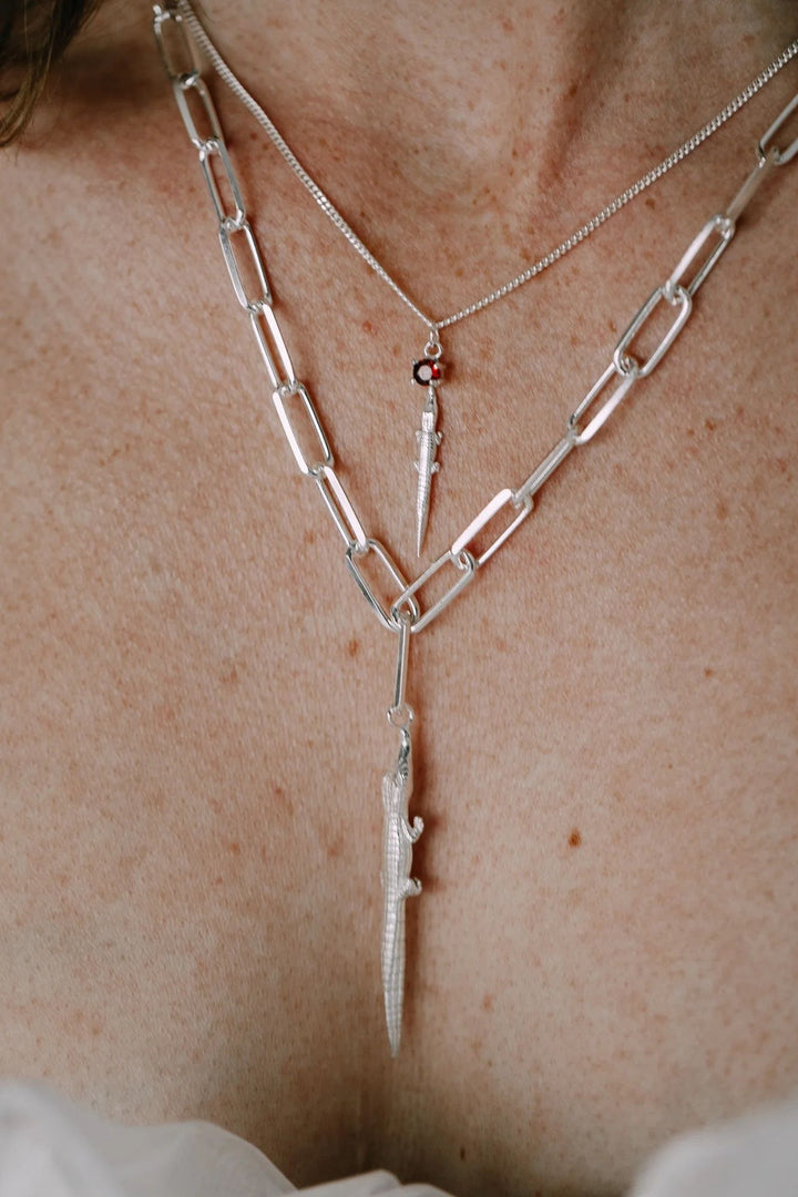Alligator Silver Necklace w. Upcycled Garnet