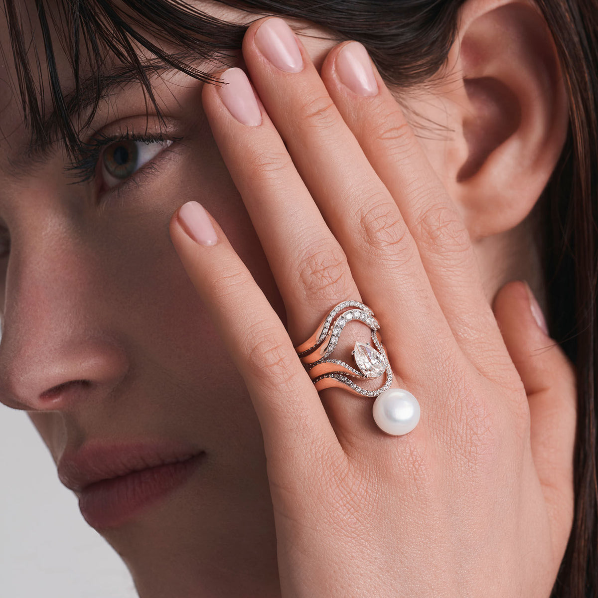 mariemas mina ring stack 18k rose gold pearl pear diamond diamonds 144