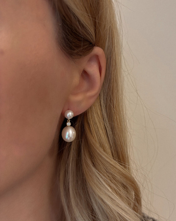 Oval Duo 18K Gold Drop Earrings w. Pearls & Diamonds