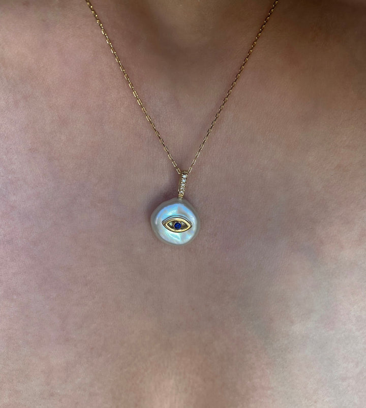 Evil Eye Blütenblatt 18K Gold Charme Halskette w. Perle & Diamanten