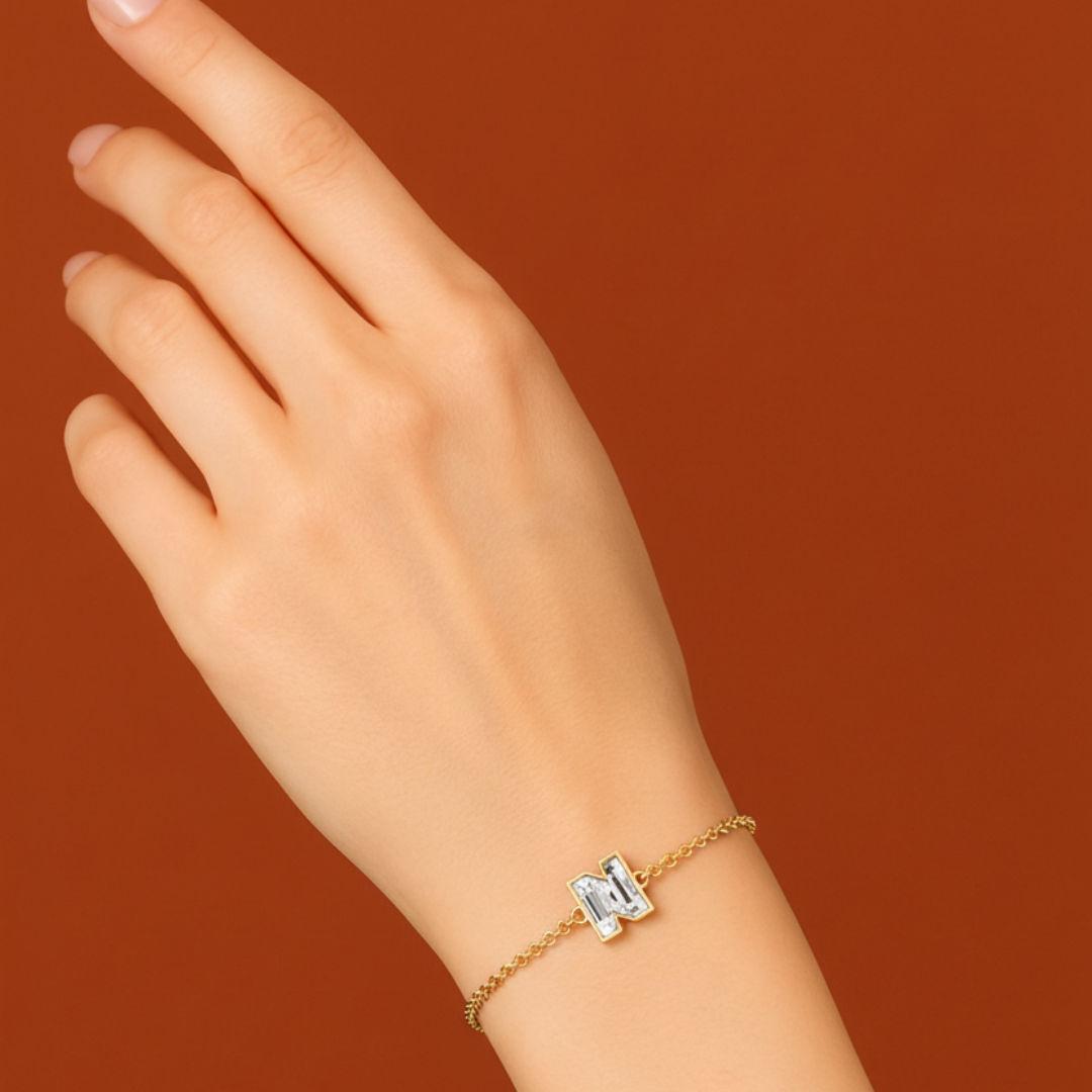 Alphabet Initial N 18K Gold, Rosegold or Whitegold Bracelet w. Solitaire Lab-Grown Diamond