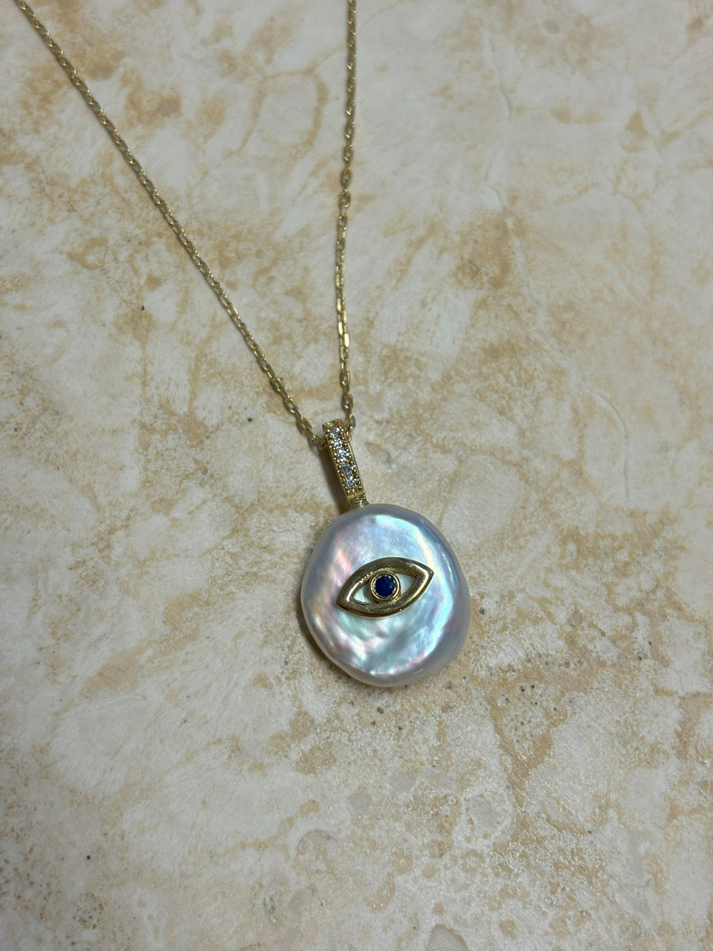 Evil Eye Petal 18K Guld Charm Halskæde m. Perle & Diamanter