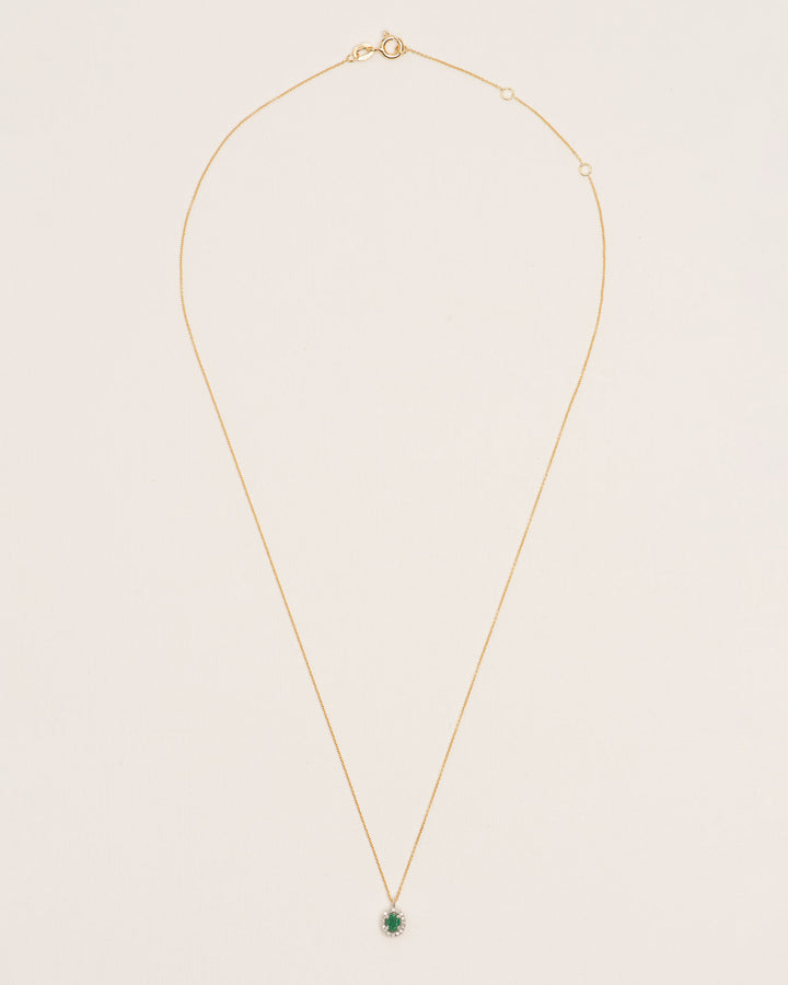 Halo 18K Gold Necklace w. Diamonds & Emeralds