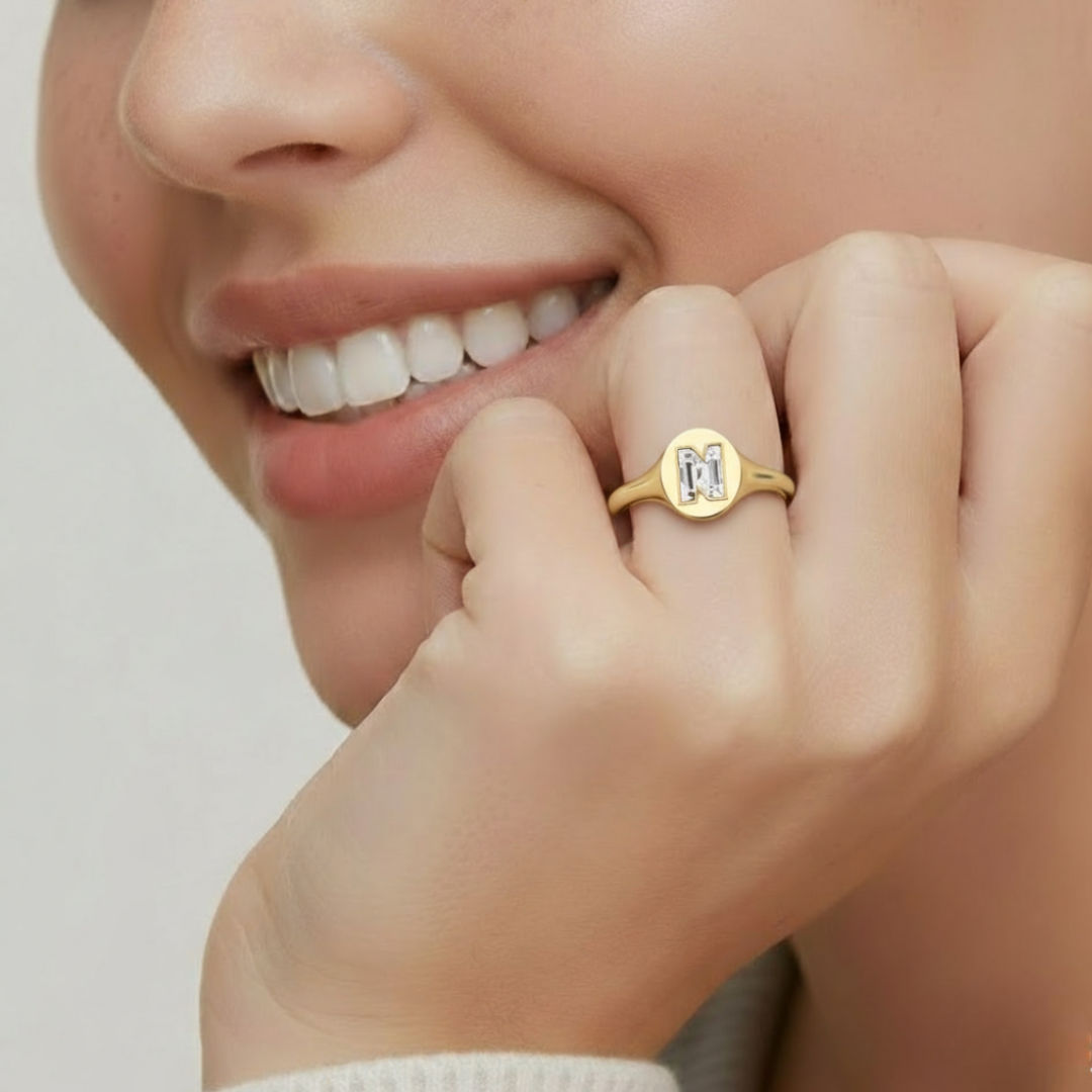 Alphabet 18K Gold Initial N Signet Ring w. Solitaire Lab-Grown Diamond