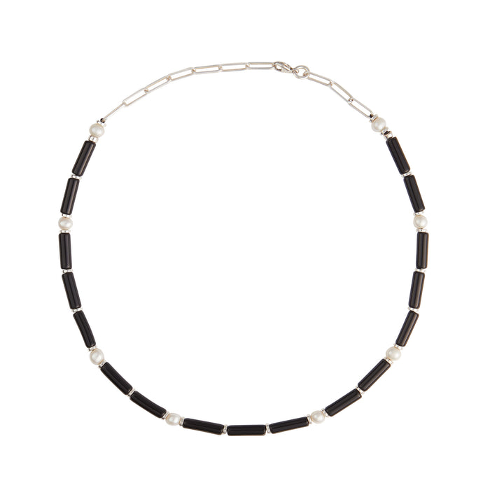 Schwarzer Onyx Silber Halskette w. Perlen