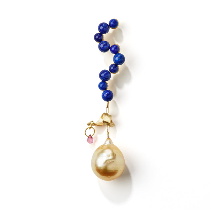 Fine Curves 18K Gold Earring w. blue Lapis, pink Sapphire & a golden Pearl