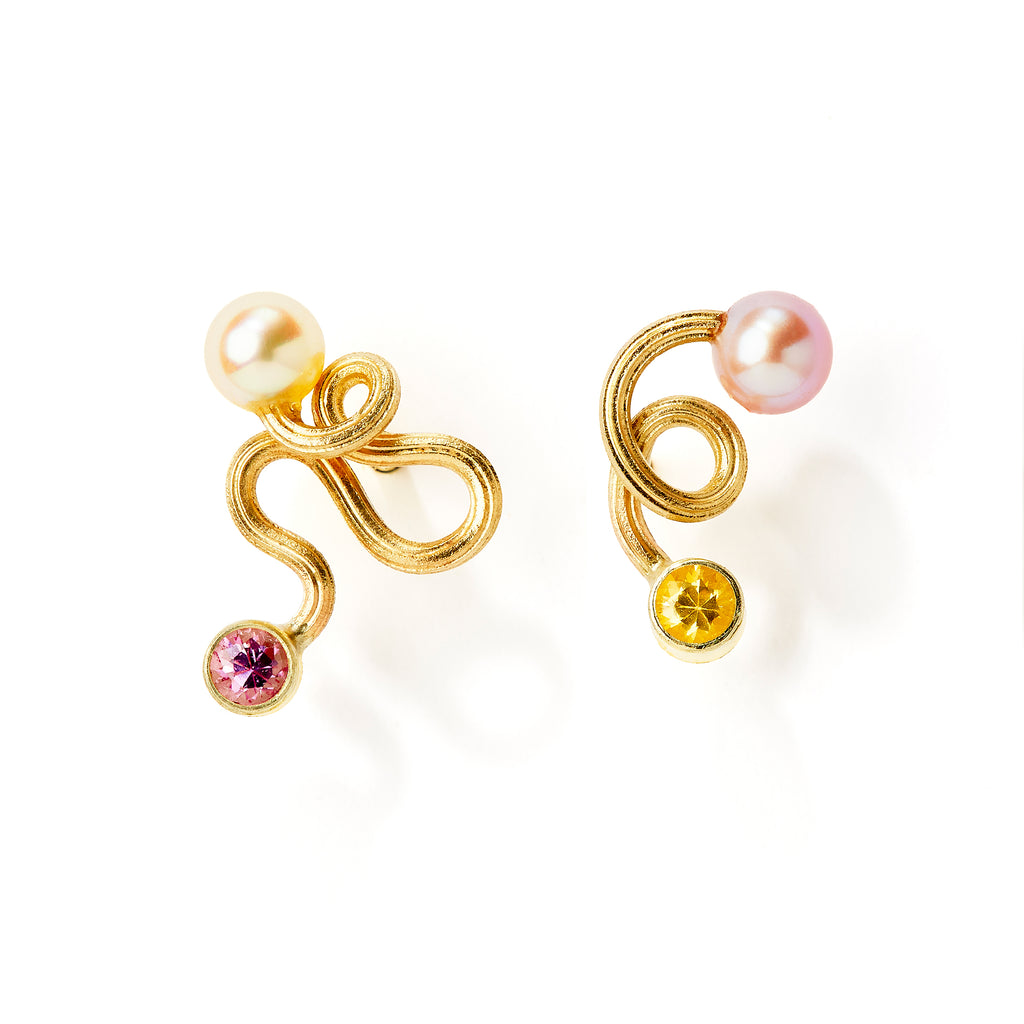 Joy Sticks 14K Gold Studs w. Pearls & Sapphire
