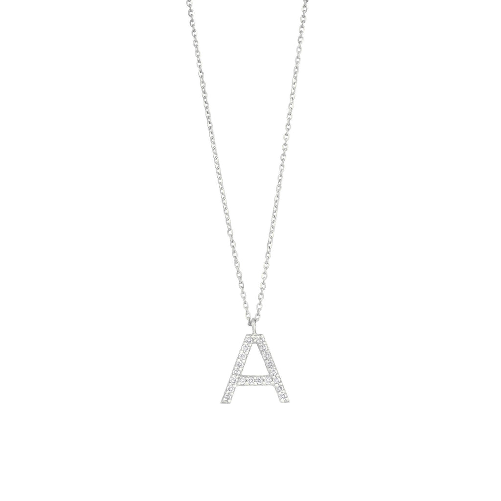 Pave Letter A 18K White Gold Necklace w. Diamonds