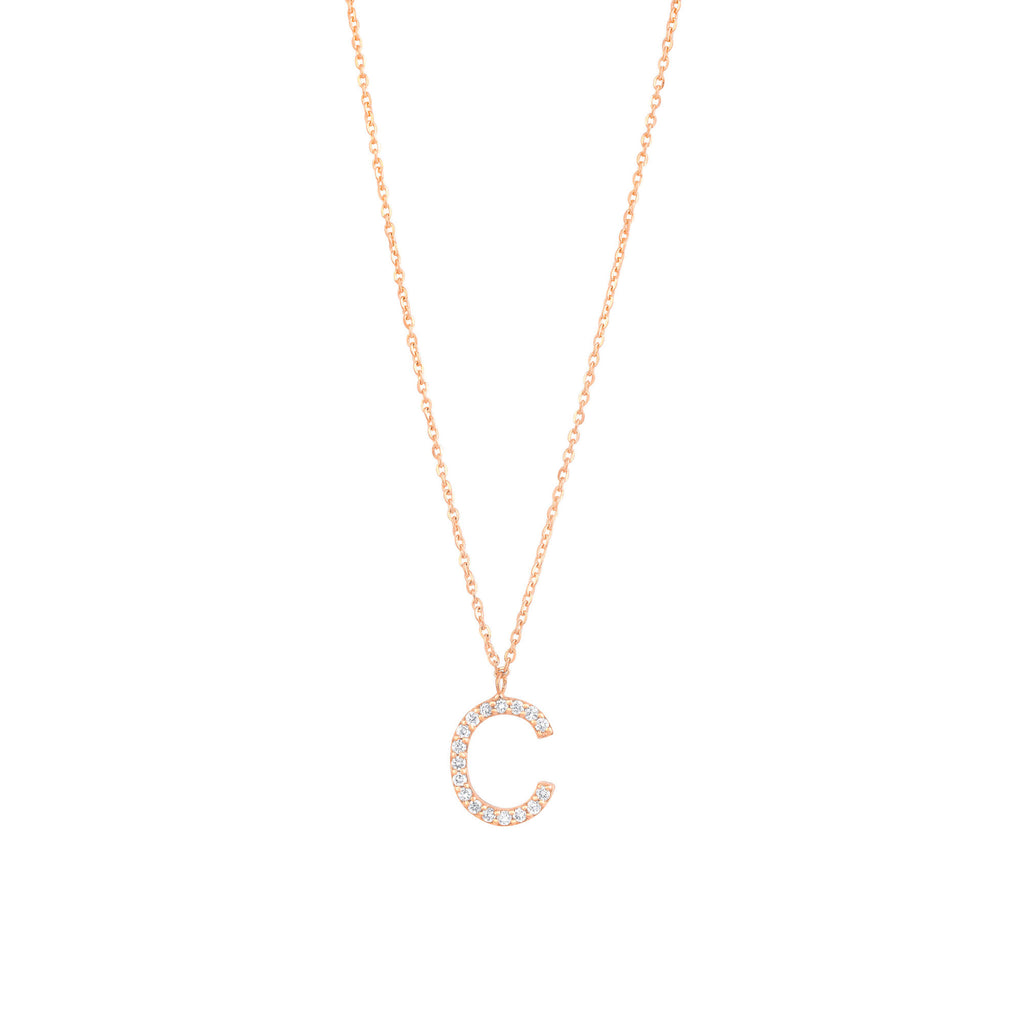 Pave Letter C 18K Rose Gold Necklace w. Diamonds