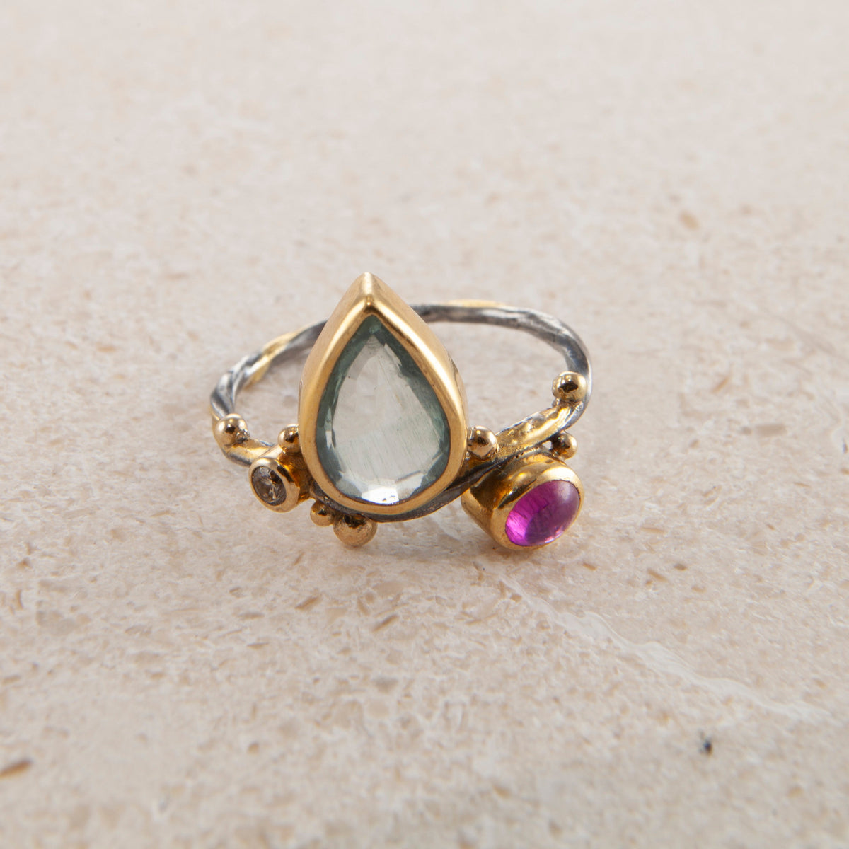 Seafire 18K, 22K & 24K Gold & Silver Ring w. Aquamarine, Ruby & Diamond