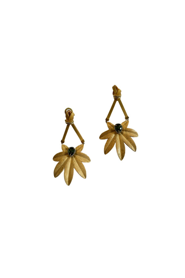 Bamboo Light Brown & Green 18K Gold Earrings w. Diamond & Tourmaline
