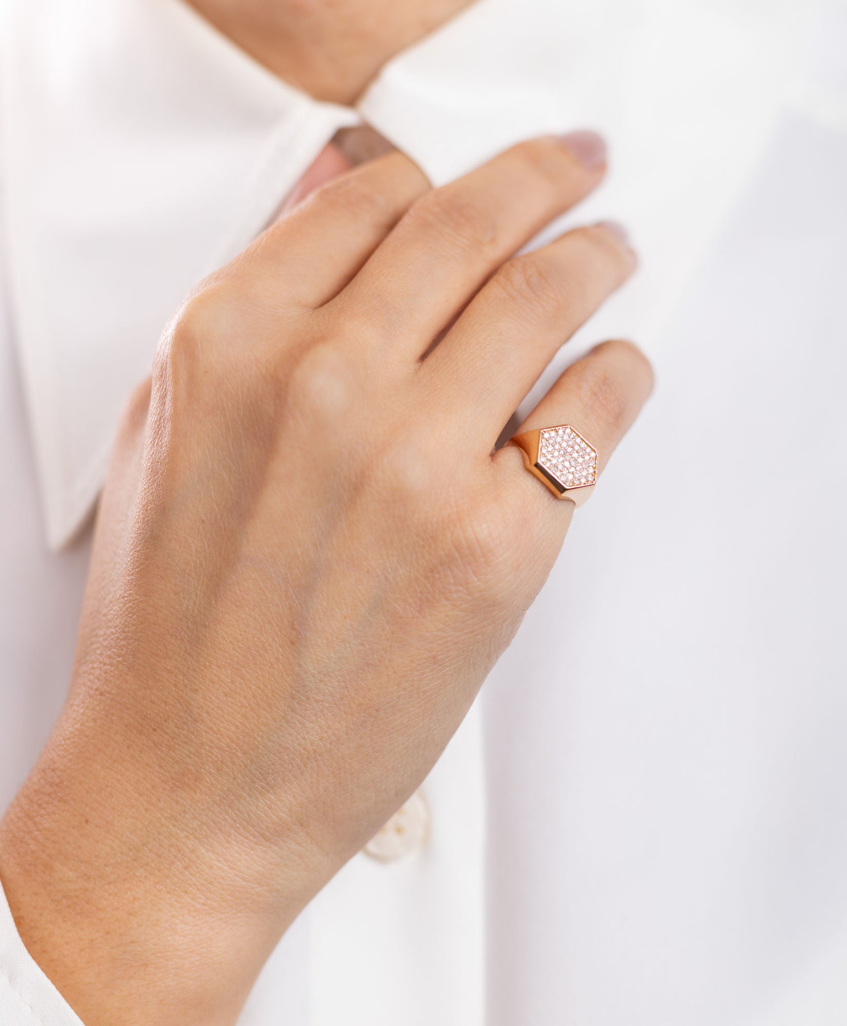 Hexagon 18K Guld, Hvidguld eller Rosaguld Ring m. Diamanter