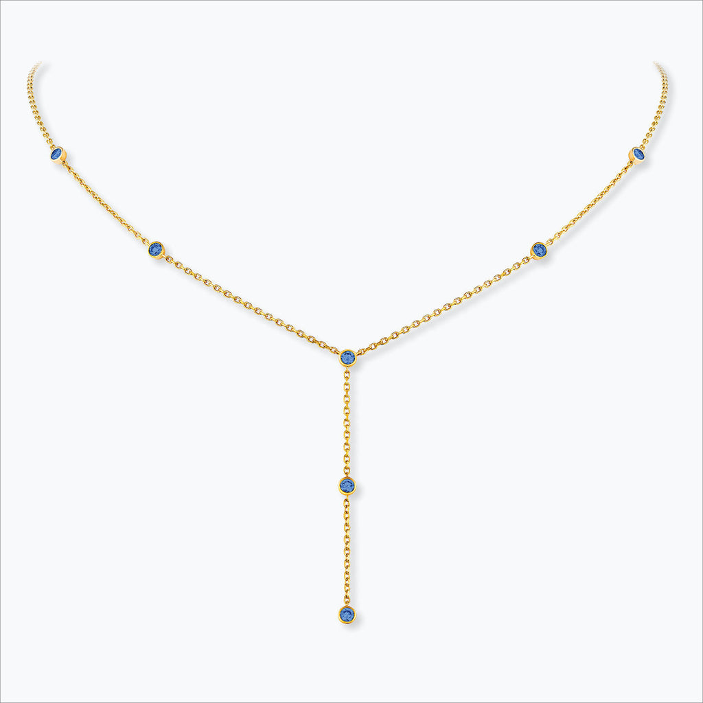 7 Stein 18k Gold Halskette w. Blaue Saphire