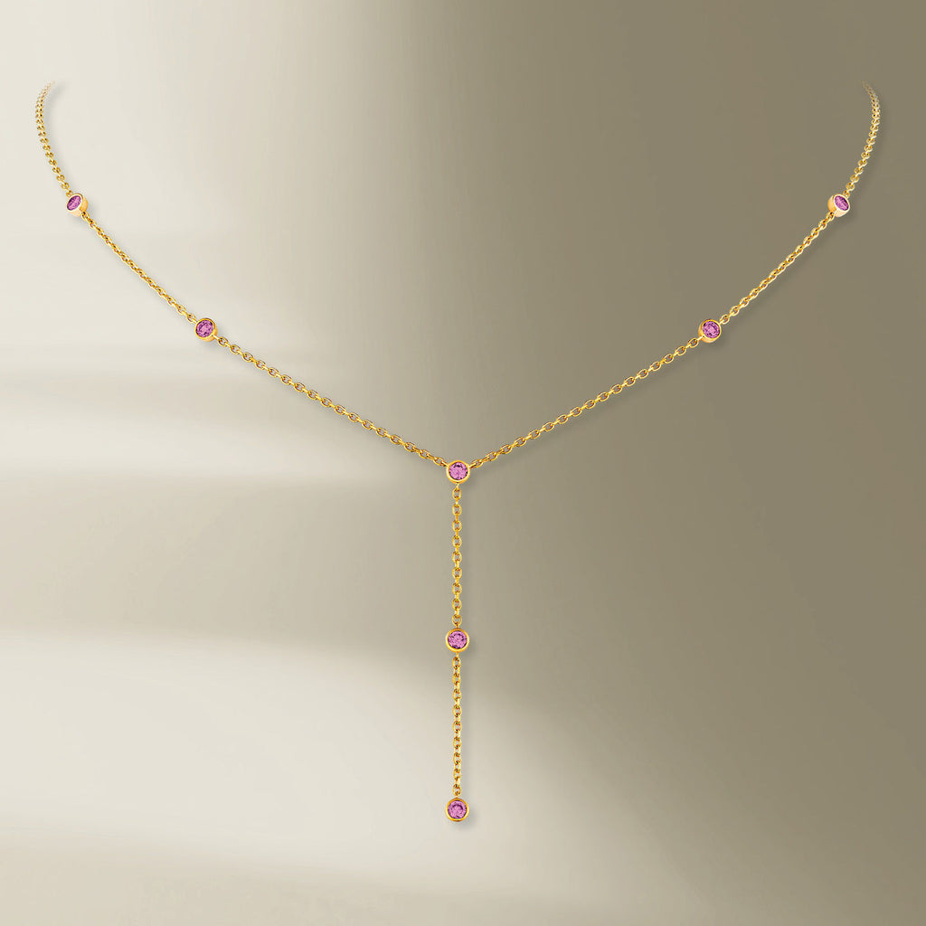 7 Stein 18k Gold Halskette w. Pink Saphire